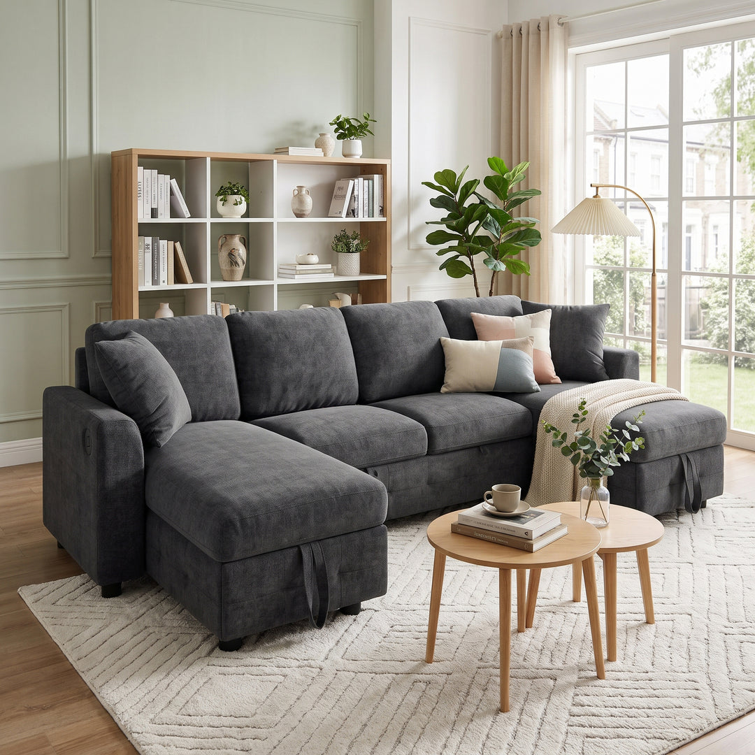 U-Shaped Sectional Sofa Grey Chenille with Pull-Out Bed &amp; 2 Storage Chaises 260cm ARROWCABINET