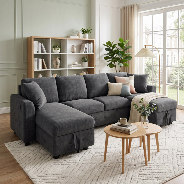 U-Shaped Sectional Sofa Grey Chenille with Pull-Out Bed &amp; 2 Storage Chaises 260cm ARROWCABINET
