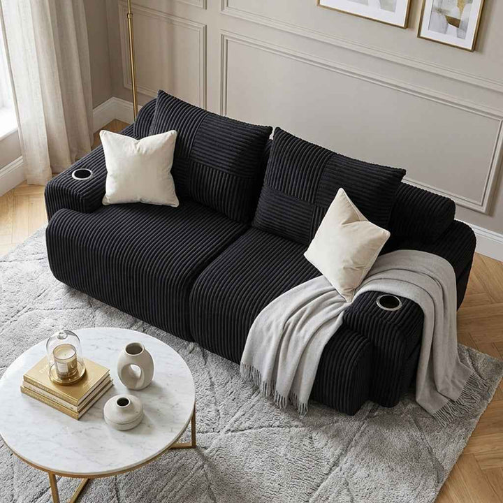 2-seater modular corduroy sofa, black with cup holders RACKGRAY