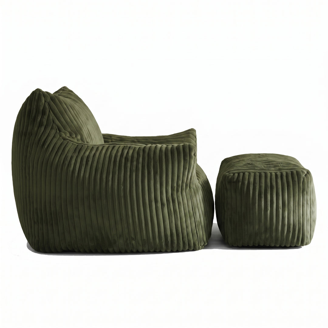 Green corduroy bean bag chair with footstool, comfy lounge seat QUADTHROW