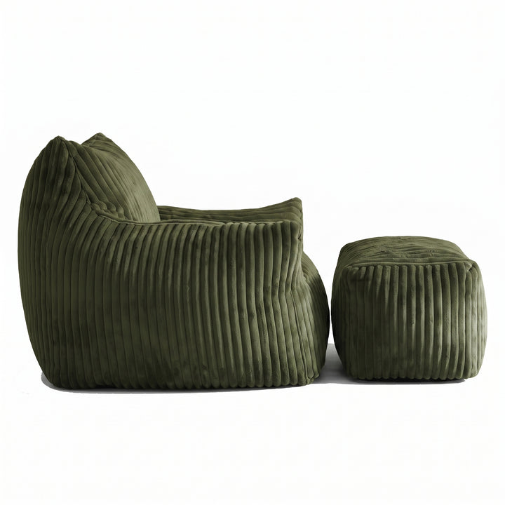 Green corduroy bean bag chair with footstool, comfy lounge seat QUADTHROW