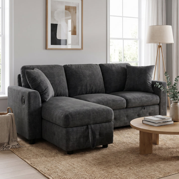 L-Shaped Corner 3-Seater Sofa Bed Grey Chenille with Storage Chaise and USB Charging 200cm ARROWCHEST