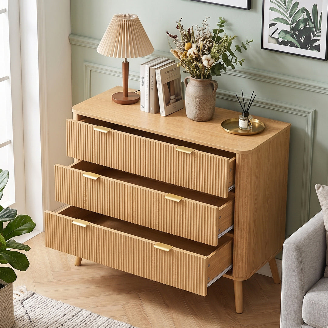 3-Drawer Scandinavian Oak-look Sideboard with Fluted Fronts 100cm ARROWDESK