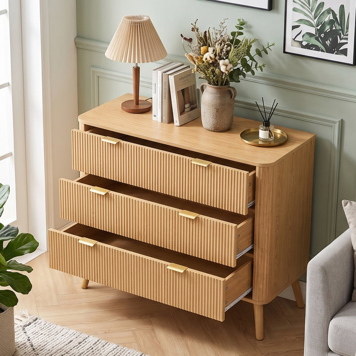 3-Drawer Scandinavian Oak-look Sideboard with Fluted Fronts 100cm ARROWDESK