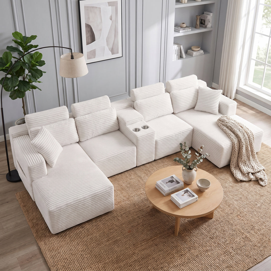 Corduroy U-Shaped Sectional 4–6 Seater Sofa with Dual Chaises, Modular Couch with Console and Cup Holders 370cm ARROWBED