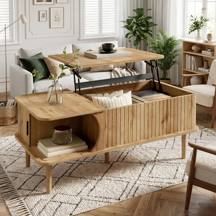 Retro Lift-Top Natural Wooden Look Coffee Table with 3D Wave 95cm ARROWLAMP