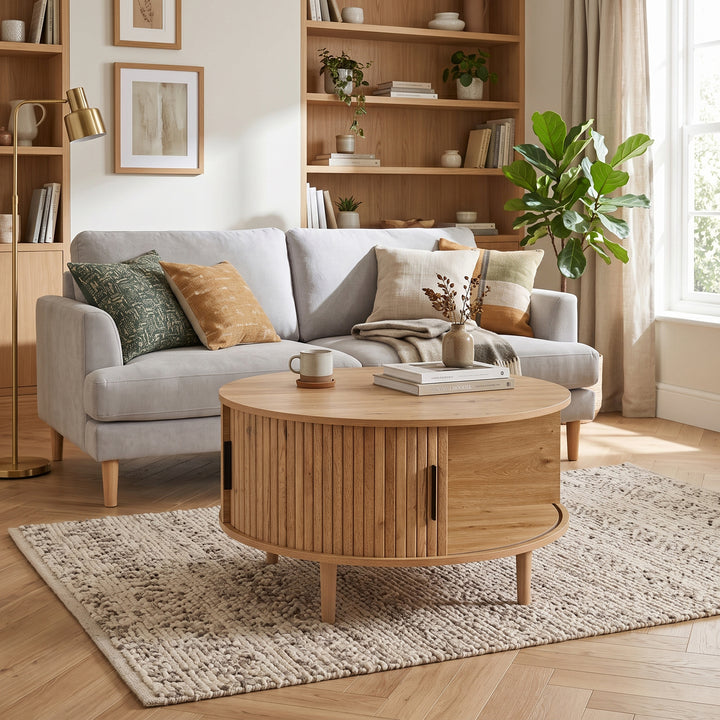 Oak Lift-Top Round Coffee Table with Storage and Sliding Door 80 cm WOODCUSHION