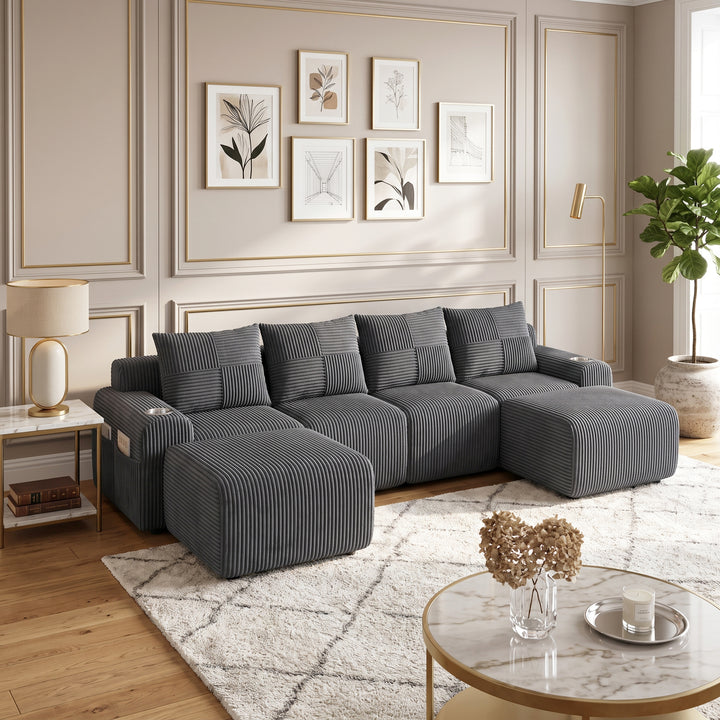 4-seaters modular corduroy sofa with 2 ottomans, dark grey RACKONE