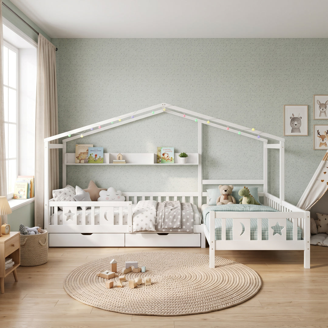 White Children's House Bed with 2 Storage Drawers LED Light and Guardrail 3ft 90x190 ARROWTHROW