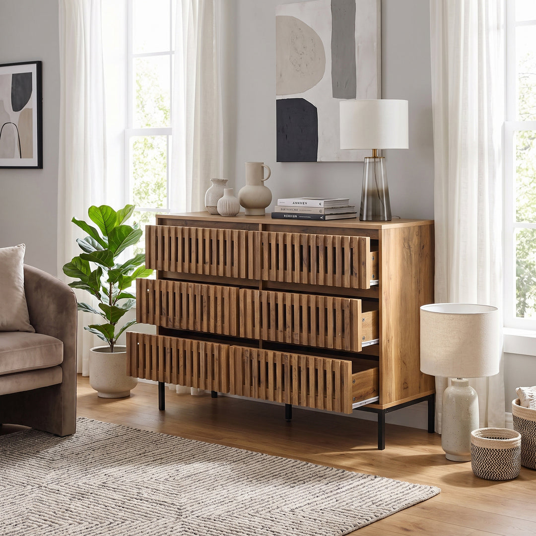 6-drawer wooden sideboard dresser with slatted design 120x40x81cm QUADTABLE