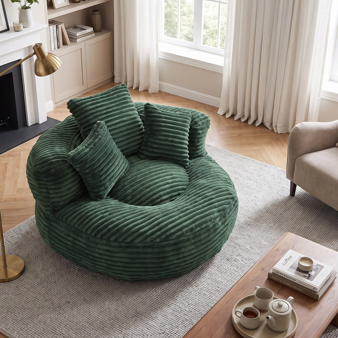 Large bean bag chair with 3 pillows, corduroy armchair, green RATTANBASKET