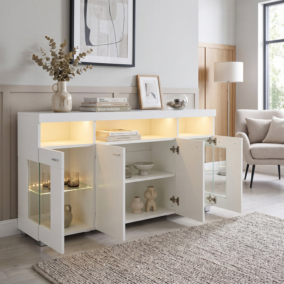 White high gloss sideboard cabinet with LED lights and glass shelves 140x40x70cm QUADSCREEN