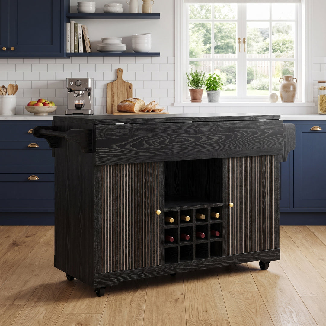 Black kitchen trolley with foldable dining table, wine rack and wheels RACKFLOW
