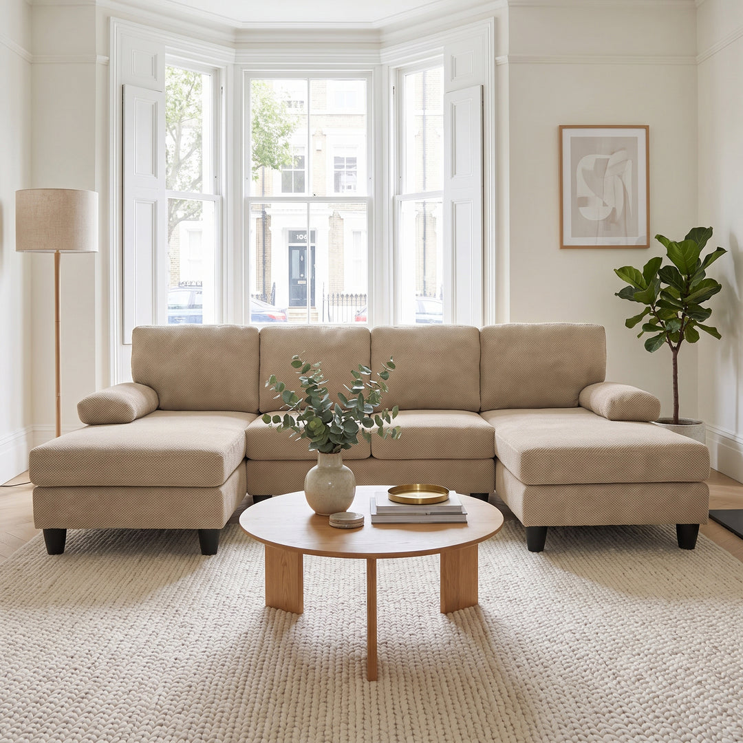 Modern Beige Camel Fabric U-Shaped Sectional Sofa with Dual Chaises 264cm WOODTRAY