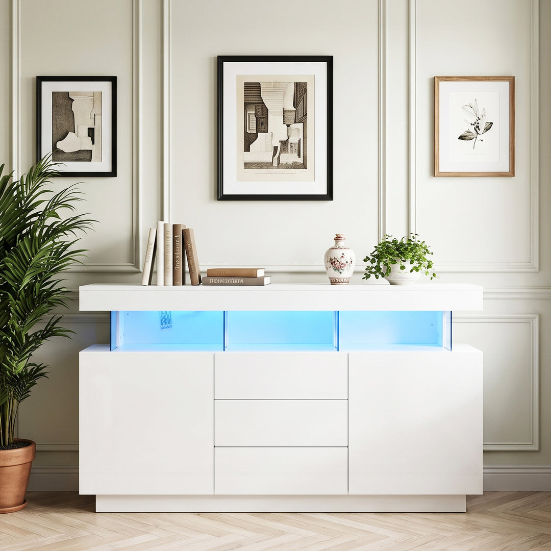 Modern White Sideboard 2 Doors 3 Drawers with LED Lights 140cm WOODMIRROR