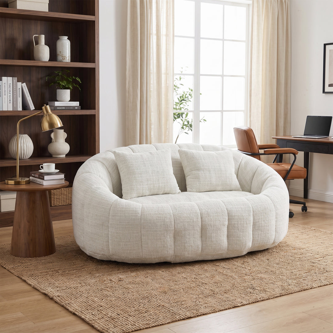 Contemporary Beige Chenille Curved Barrel Chair and Cuddle Lounger with 2 Pillows WOOLCHAIR