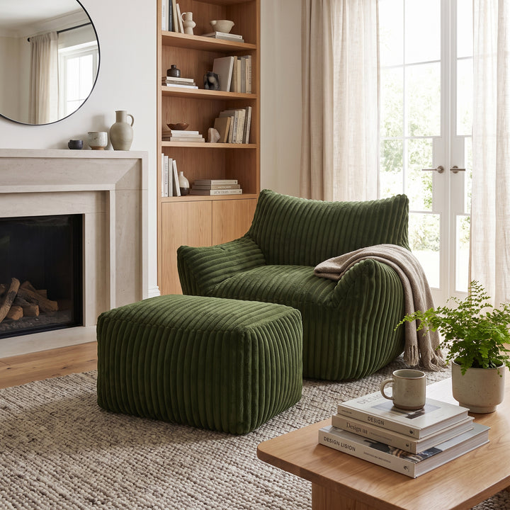 Green corduroy bean bag chair with footstool, comfy lounge seat QUADTHROW