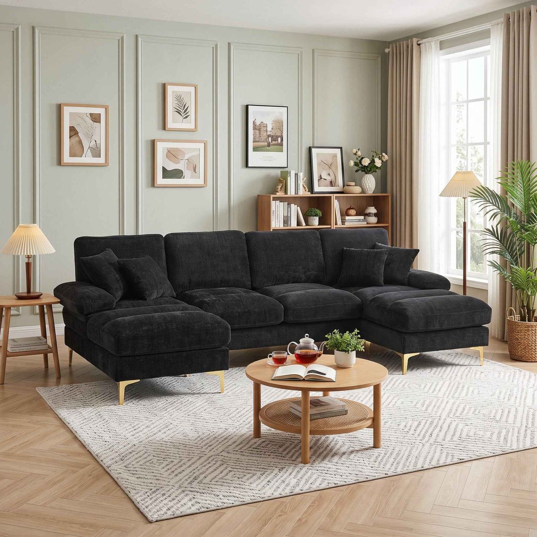 00+U-Shaped Sectional Sofa 272 cm Black Chenille Modular Double Chaise with Cushions WOOLDESK