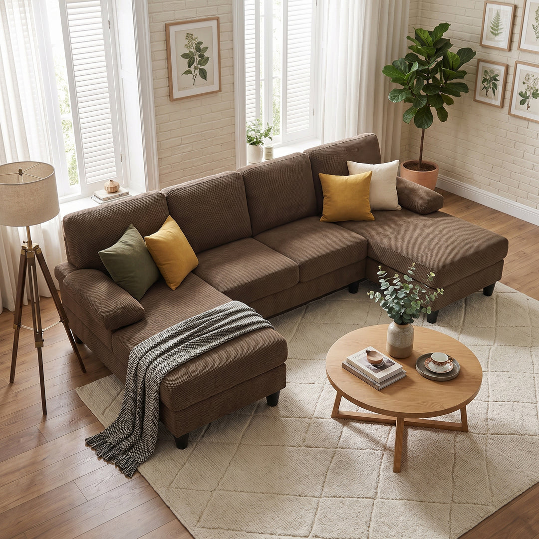 Modern Brown Fabric U-Shaped Sectional Sofa with Dual Chaises 264cm WOODTABLE