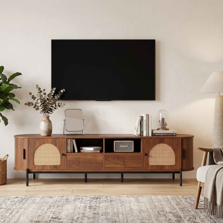 Vintage walnut TV cabinet with rattan doors drawers open storage RACKFLEX
