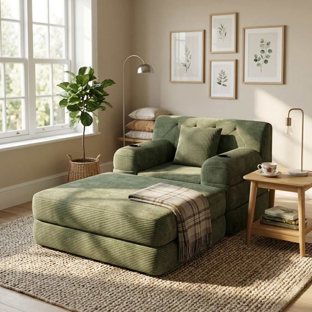 Contemporary Green Corduroy Lounger Convertible with Tufted Back and Cupholders WOOLCABINET