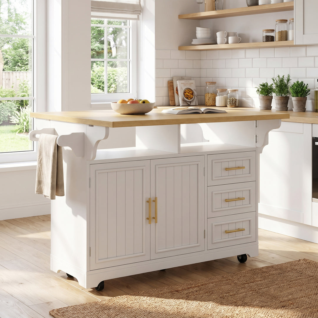 White Kitchen Island on Wheels with Fold-Out Worktop, 3 Drawers and Cabinets ARROWRUG