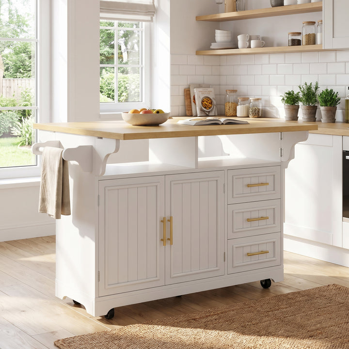 White Kitchen Island on Wheels with Fold-Out Worktop, 3 Drawers and Cabinets ARROWRUG