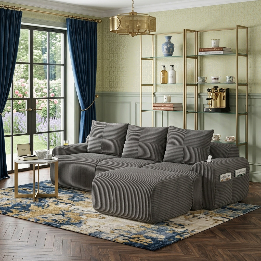 3-seater L-shaped modular corduroy sofa with ottomans, dark grey lounge RACKMARBLE