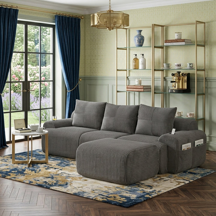 3-seater L-shaped modular corduroy sofa with ottomans, dark grey lounge RACKMARBLE