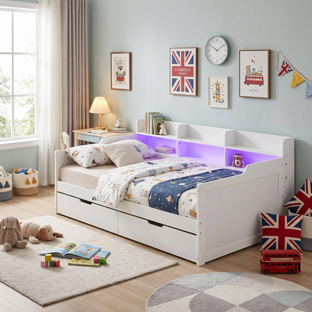 White Wooden Single Daybed Storage with 2 Wheeled Drawers and LED Light 90x190cm WOODWARDROBE