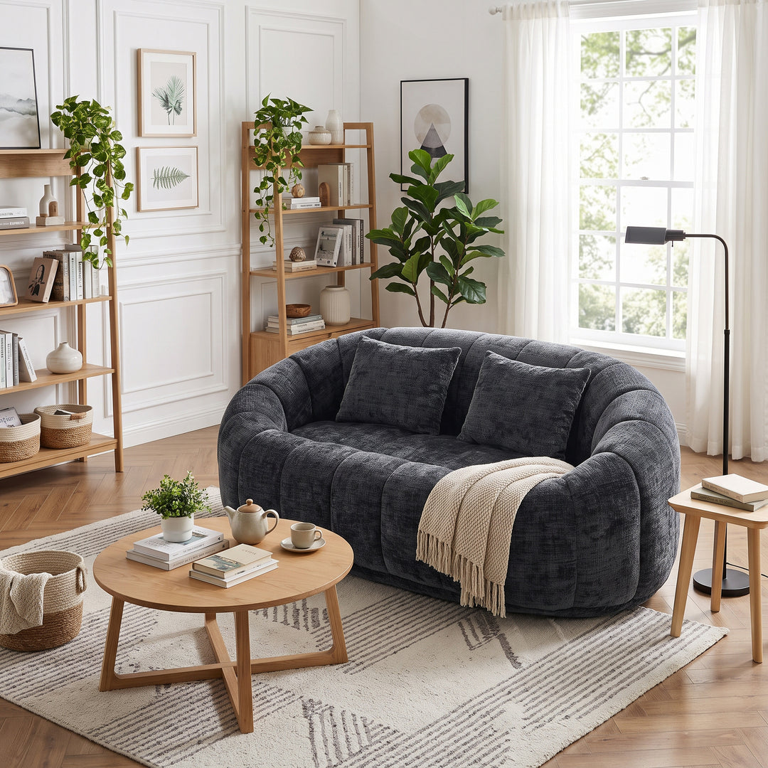 Contemporary Black Chenille Curved Barrel Chair and Cuddle Lounger with 2 Pillows WOOLCHEST