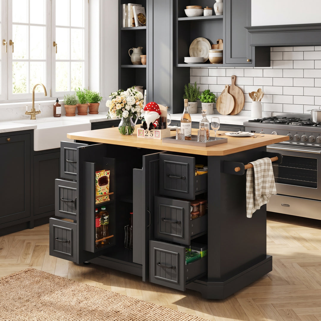 Black Kitchen Island Cart on Wheels with 6 Drawers & Cabinet ARROWSCREEN