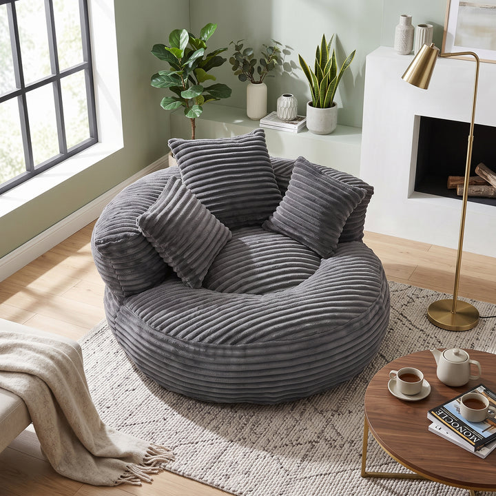 Large bean bag chair with 3 pillows, corduroy armchair, dark grey RACKWORK