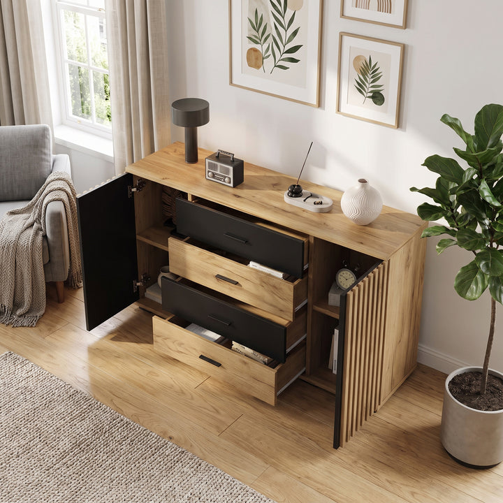 Oak Sideboard Black Stripe with 4 Drawers & 2 Doors 140cm WOODCHAIR