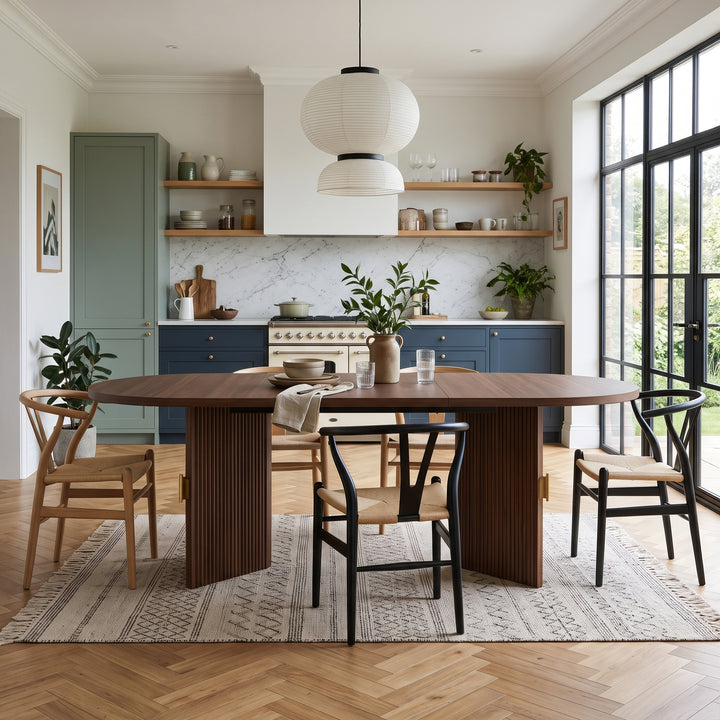 Brown Extendable Oval Dining Table with 2 Hidden Storage Cabinets 120–160cm ARROWBASKET