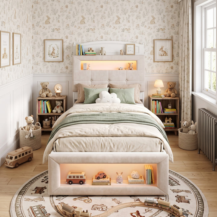 White Cream Velvet Single Bed Frame with Storage Headboard, Footboard & LED Lights 90x190cm WOODNIGHTSTAND