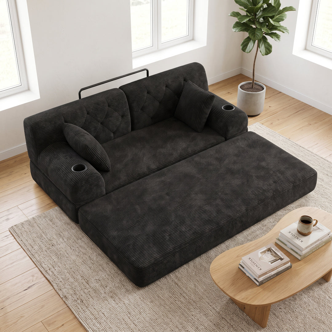 Contemporary Black Corduroy 2 Seaters Sofa Bed Convertible with Tufted Back and Cupholders WOODVANITY