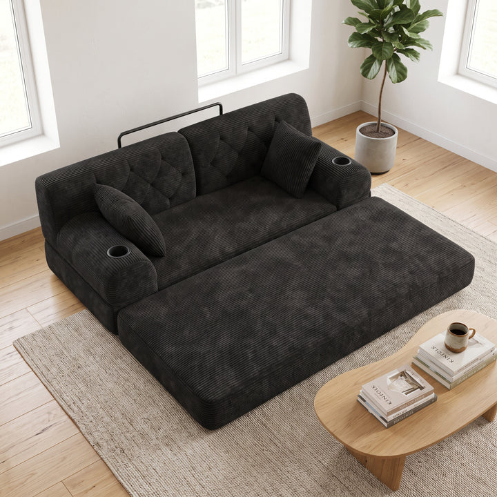 Contemporary Black Corduroy 2 Seaters Sofa Bed Convertible with Tufted Back and Cupholders WOODVANITY