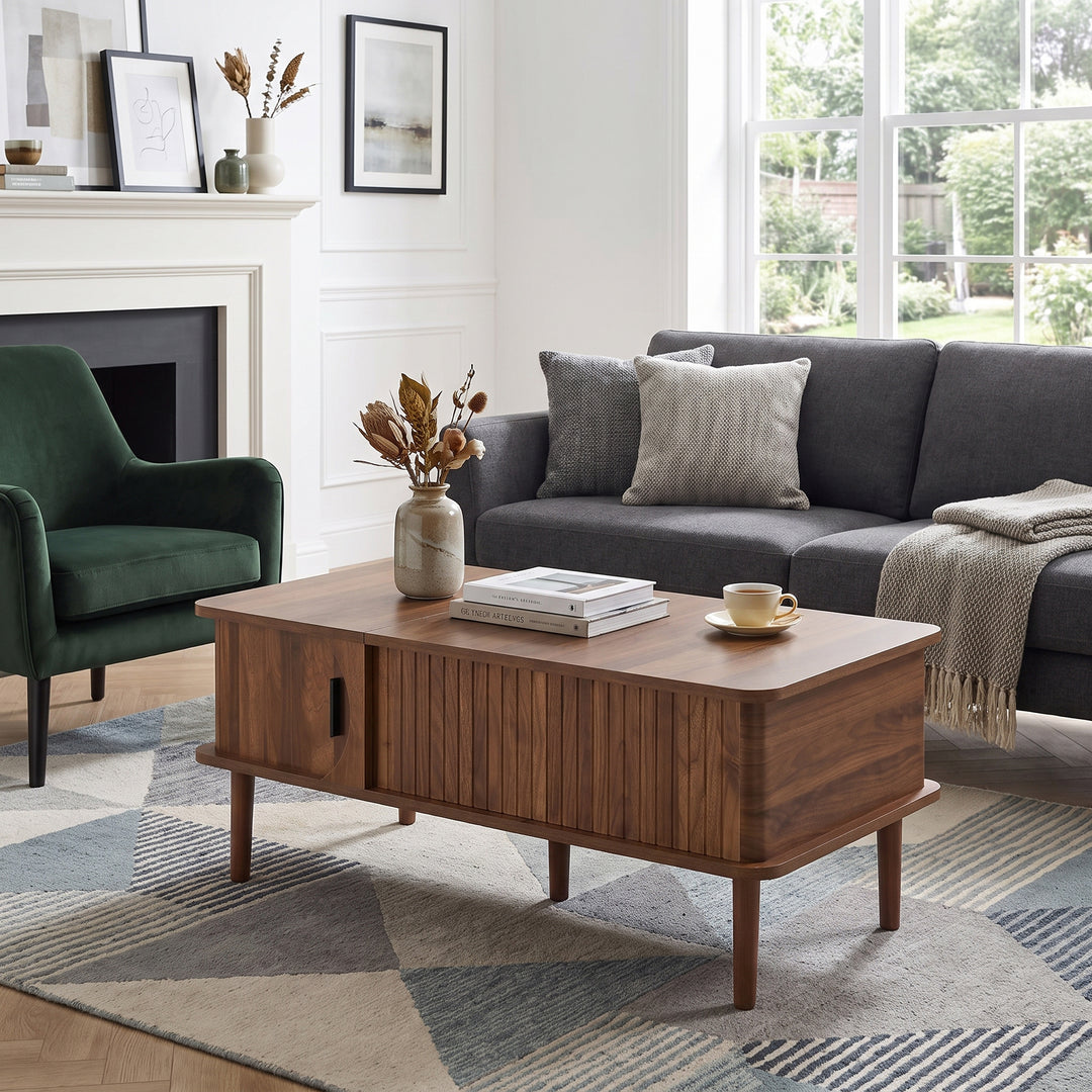 Walnut Lift-Top Coffee Table with Storage and Sliding Door 100cm WOODBOX