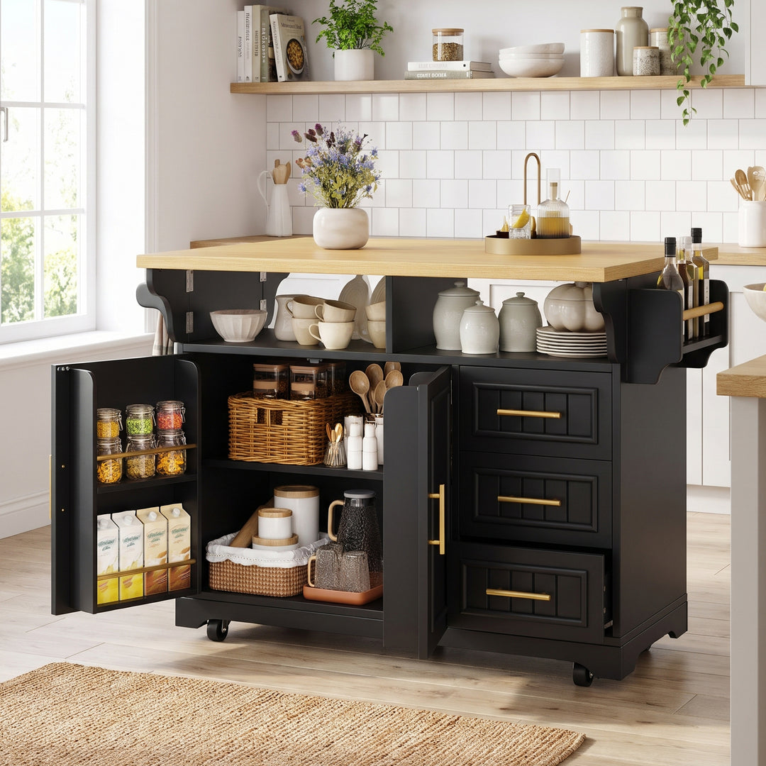 Black Kitchen Island on Castors with Fold-Out Worktop & Storage Drawers ARROWRACK