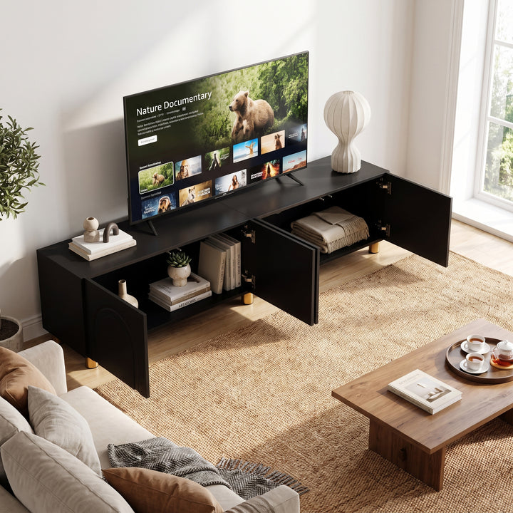 Black TV Cabinet with 4-Doors Arch Relief Storage 180cm TRITRUNK