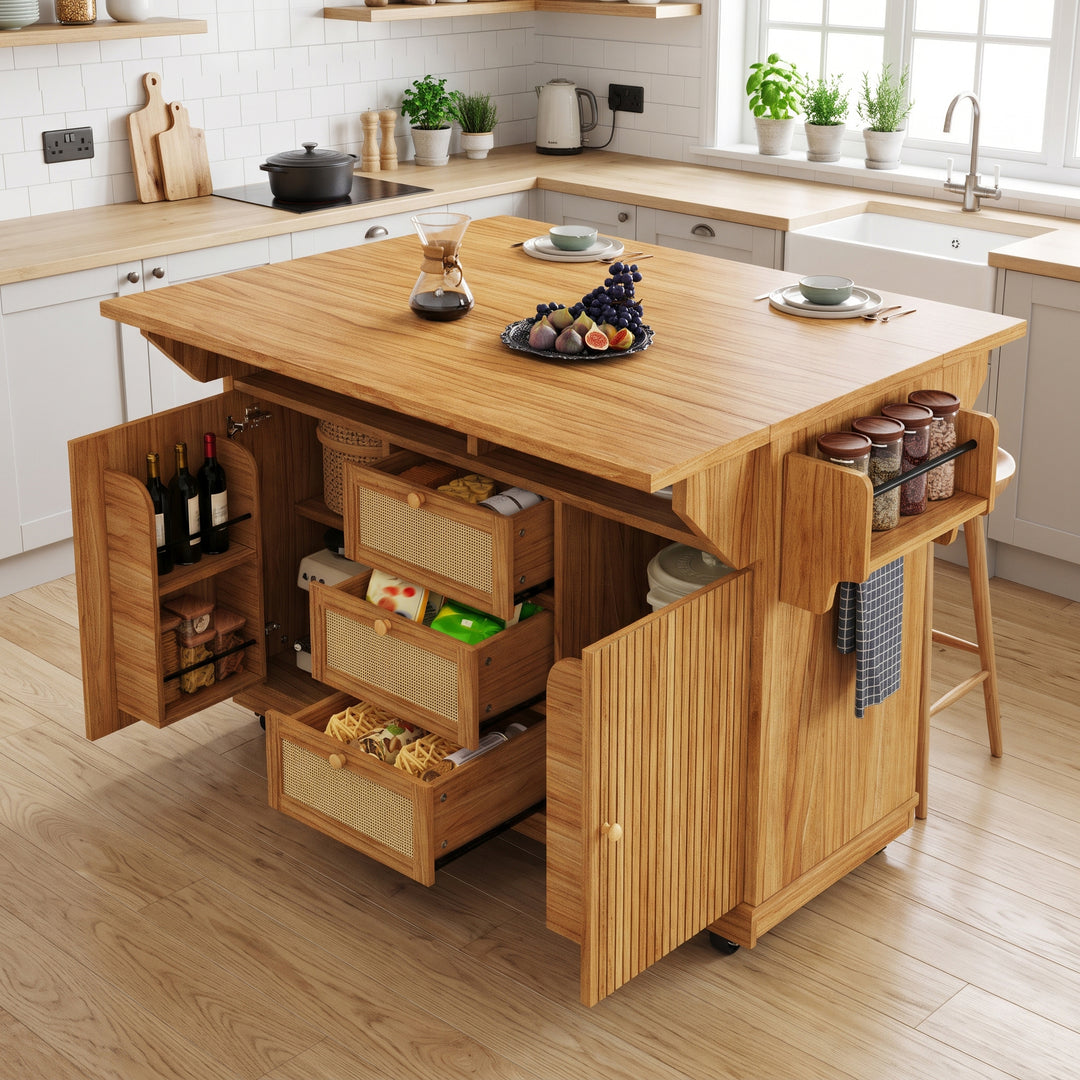 Kitchen Trolley Dark Brown Wooden with Folding Worktop & PE Rattan Drawers ARROWVASE