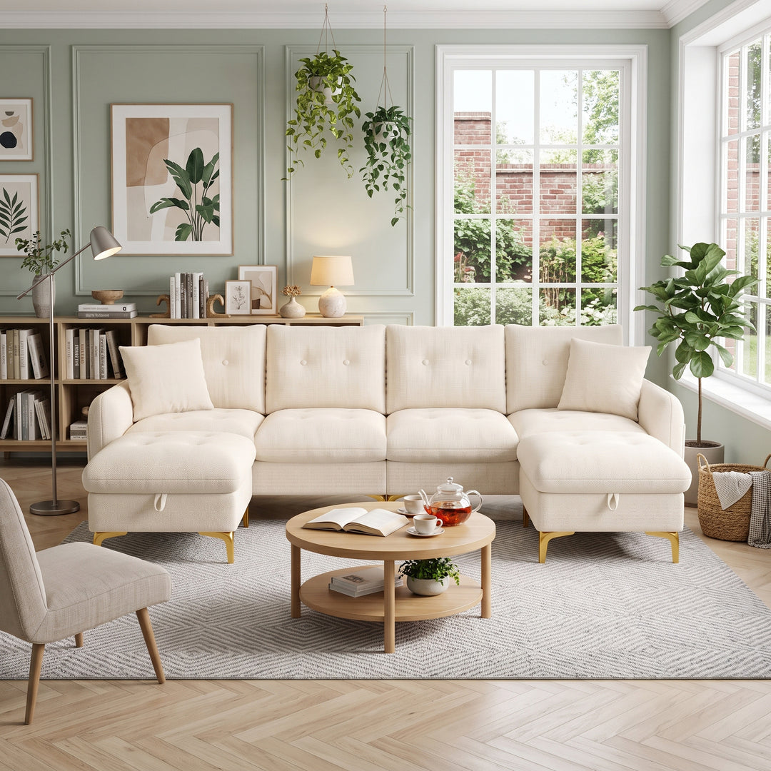 Modular U-Shaped Sofa 4 Seater Beige Chenille with 2 Storage Ottomans WOODMAX