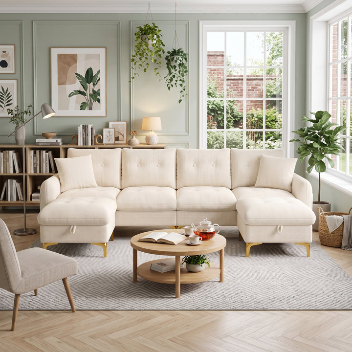 Modular U-Shaped Sofa 4 Seater Beige Chenille with 2 Storage Ottomans WOODMAX