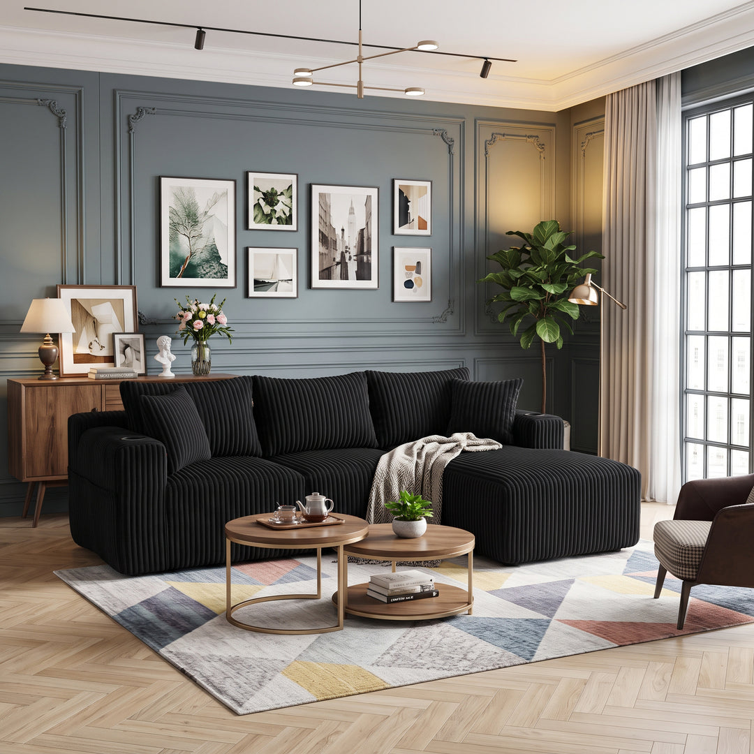 Black 3-Seater Corduroy L-Shaped Sectional Sofa with Chaise and Cup Holders WOOLCURTAIN