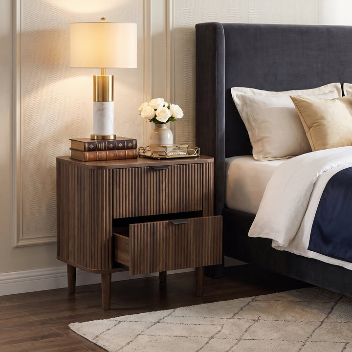 Walnut Nightstand Bedside Table with Fluted 2-Drawer Storage WOODLINE