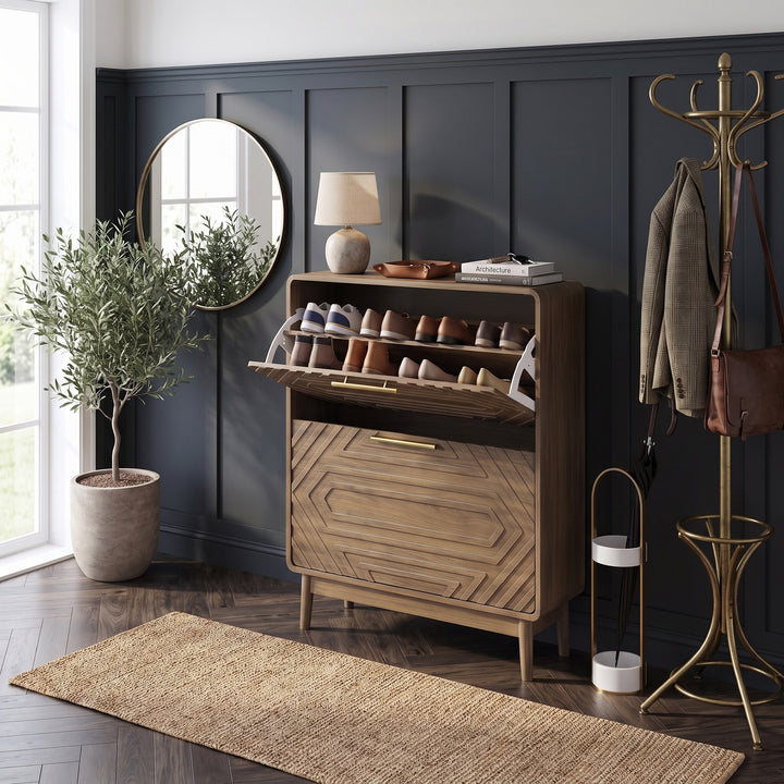 Walnut Shoe Cabinet with 2 Flip-Down Drawers, Slim Storage 60cm WOODELITE