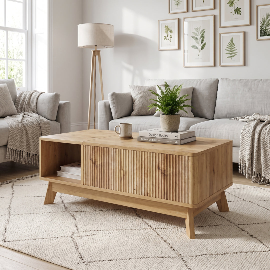 Oak Lift-Top Coffee Table with Hidden Storage and Open Shelf 95cm WOODCURTAIN