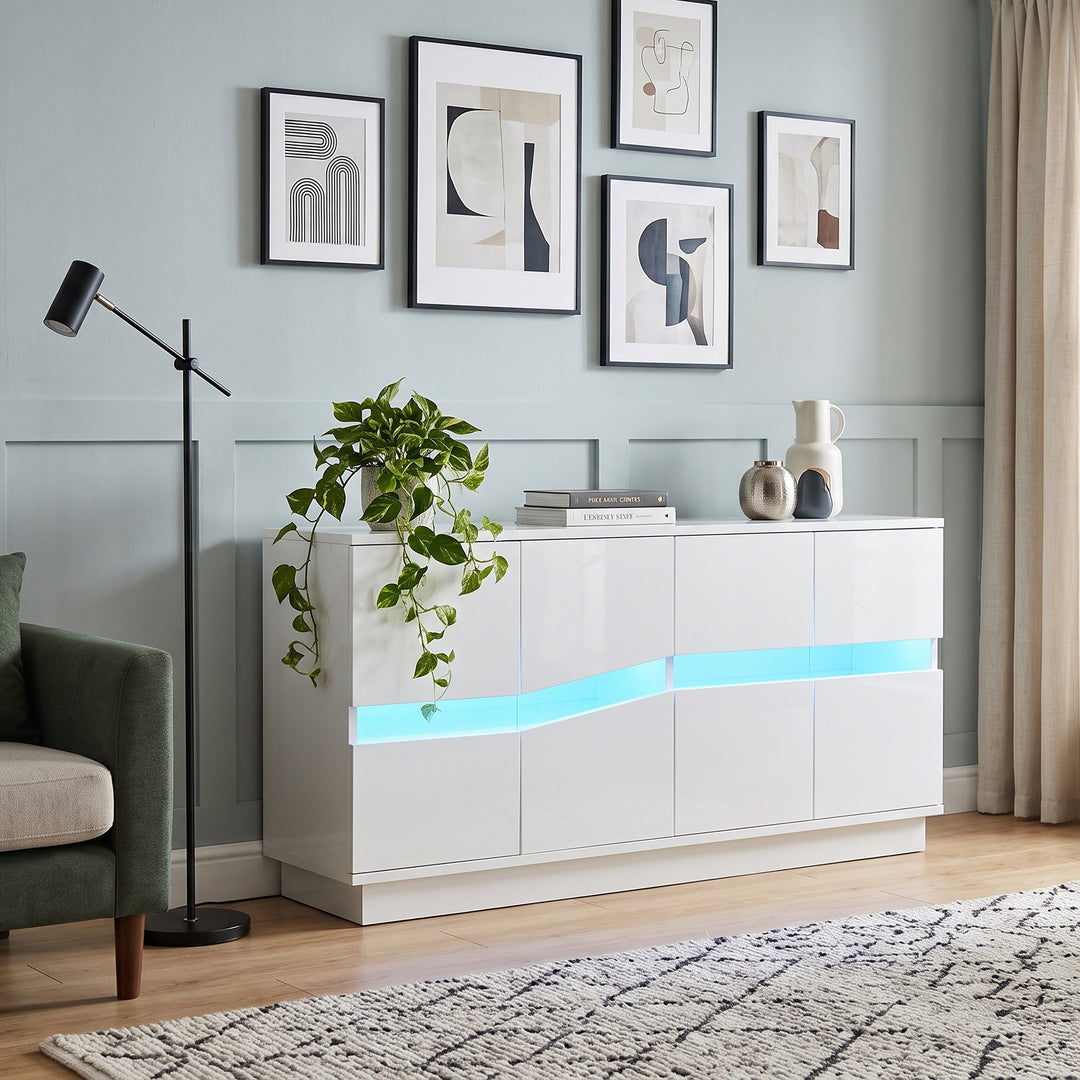 White High-Gloss Sideboard&nbsp;with 4 Doors & LED Lighting 140cm WICKERTABLE