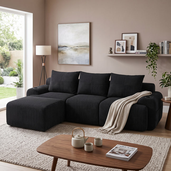 Modular 3-seater L-shape corduroy sofa with ottomans, black, storage pockets RACKGREEN